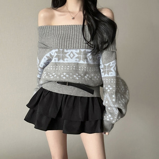 sweater Sexy shoulder one 性感一字肩毛衣女宽松百搭上衣 loose