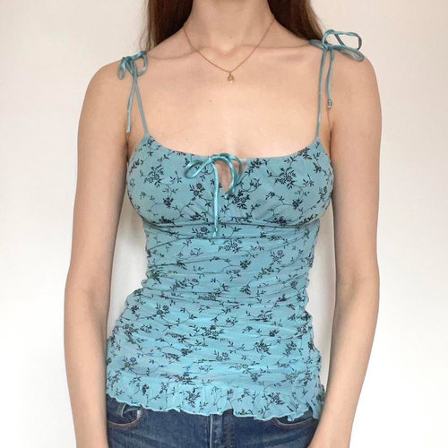 Sexy lace up floral camisole vest性感网纱拼接系带吊带背心女