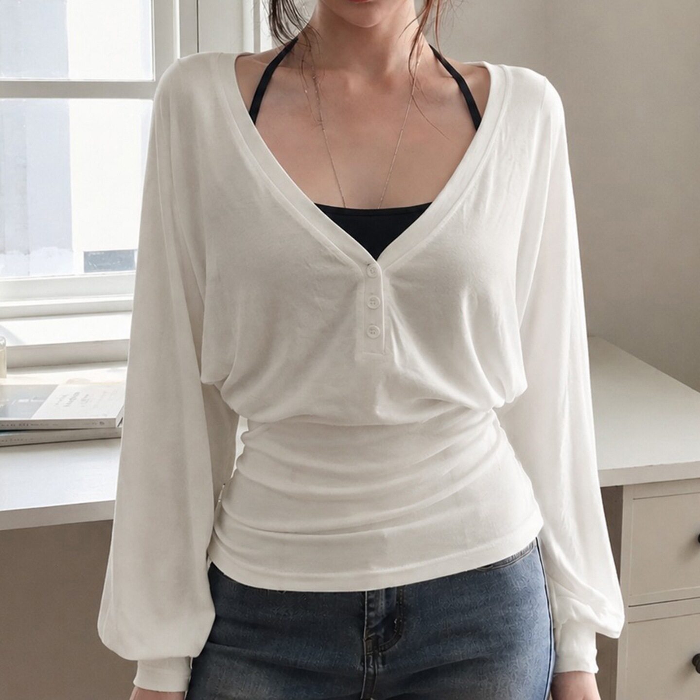 Sexy women's outf 纯欲风修身吊带背心+收腰蝙蝠袖外衫两件套nv