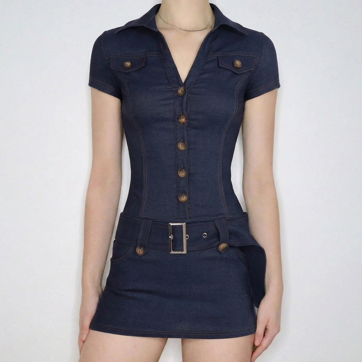 Imitation denim breasted dress夏季复古仿牛仔排扣POLO领连衣裙