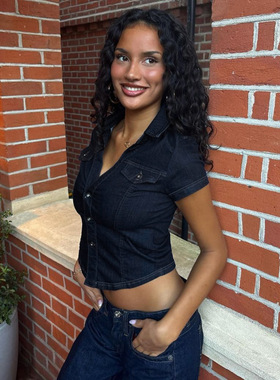 Umbilical T-shirt for women仿牛仔翻领衬衫收腰露脐辣妹短袖T恤