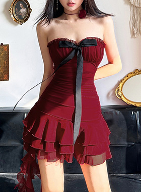 Mesh patchwork strapless dress网纱拼接抹胸飘带连衣裙红色短裙