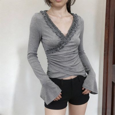 Hot girl cross V-neck pleated top辣妹拼接交叉V领褶皱长袖上衣