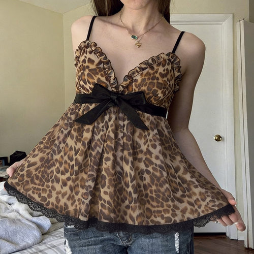 Sexy leopard print tank top性感木耳边V领豹纹上衣网纱吊带背心