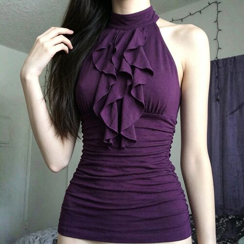 Lotus leaf edge neck hanging vest 复古风荷叶边挂脖高领背心女