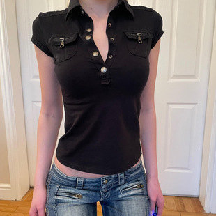 Zipper Hot Girl Shirt for Women 重工风翻领短袖拉链辣妹衬衫女