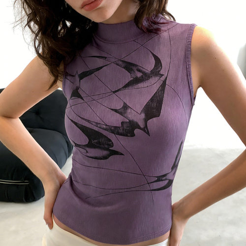 Printed high-neck vest for women新中式印花高领背心女修身上衣