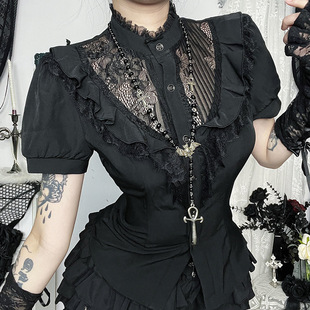 Gothic lace hollowed out T-shirt暗黑风蕾丝镂空短袖百搭衬衫女