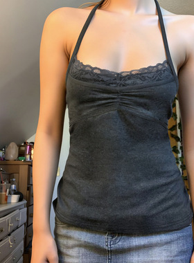 Sexy neck hanging backless top性感蕾丝拼接挂脖吊带露背上衣女