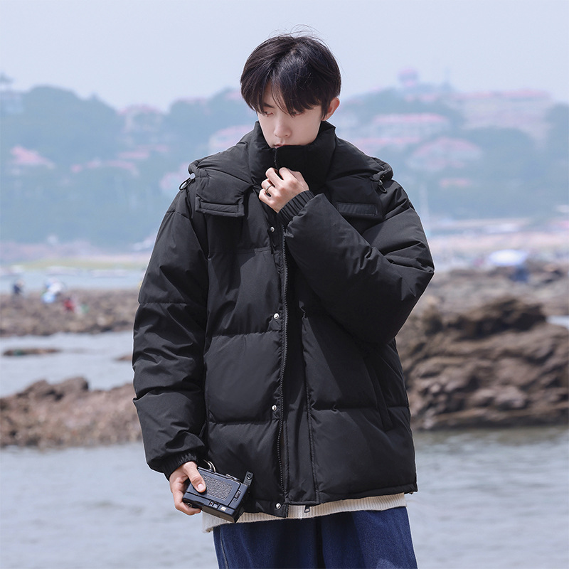 男冬季纯色加厚白鸭绒外套装宽松面包服保暖休闲新款羽绒服