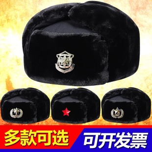 冬季加厚保安棉帽子物业安保执勤保暖帽男护耳军绿雷锋帽治安黑帽
