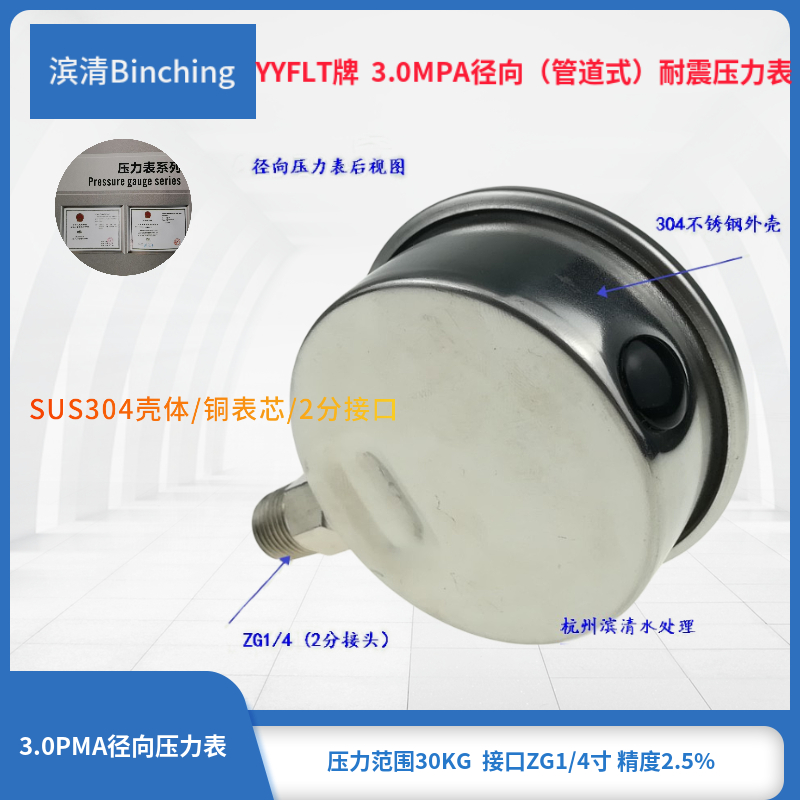 滨清  YN60耐震压力表 0-3.0MPA 径向不锈钢压力表  防震压力表