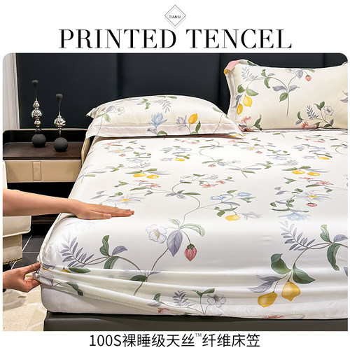 莱塞尔天丝床笠印花床套床罩冰丝裸睡夏季床品200x220大尺寸定做