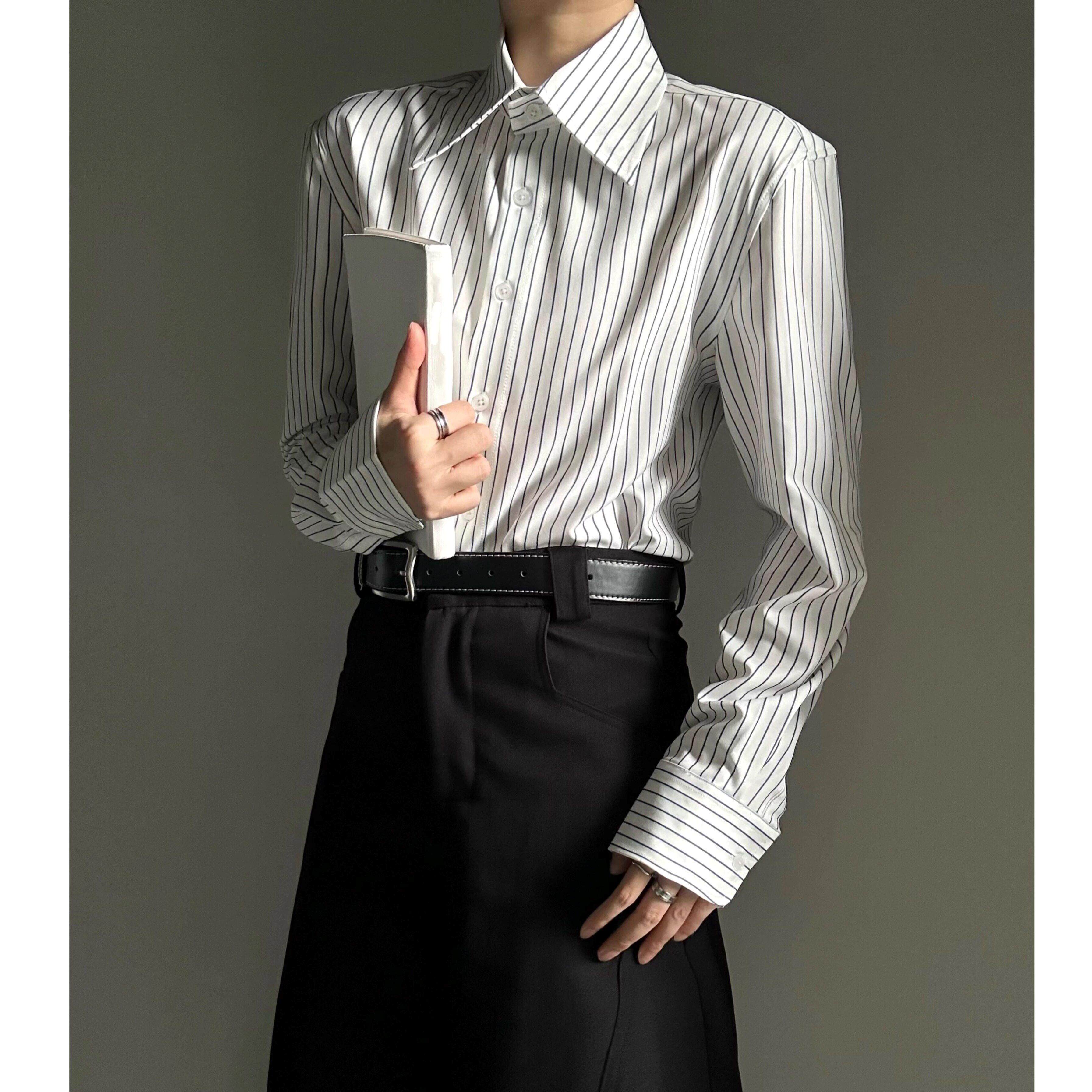 ASAE 正肩款条纹白色衬衫简约禁欲雅痞尖领休闲中性风长袖衬衣