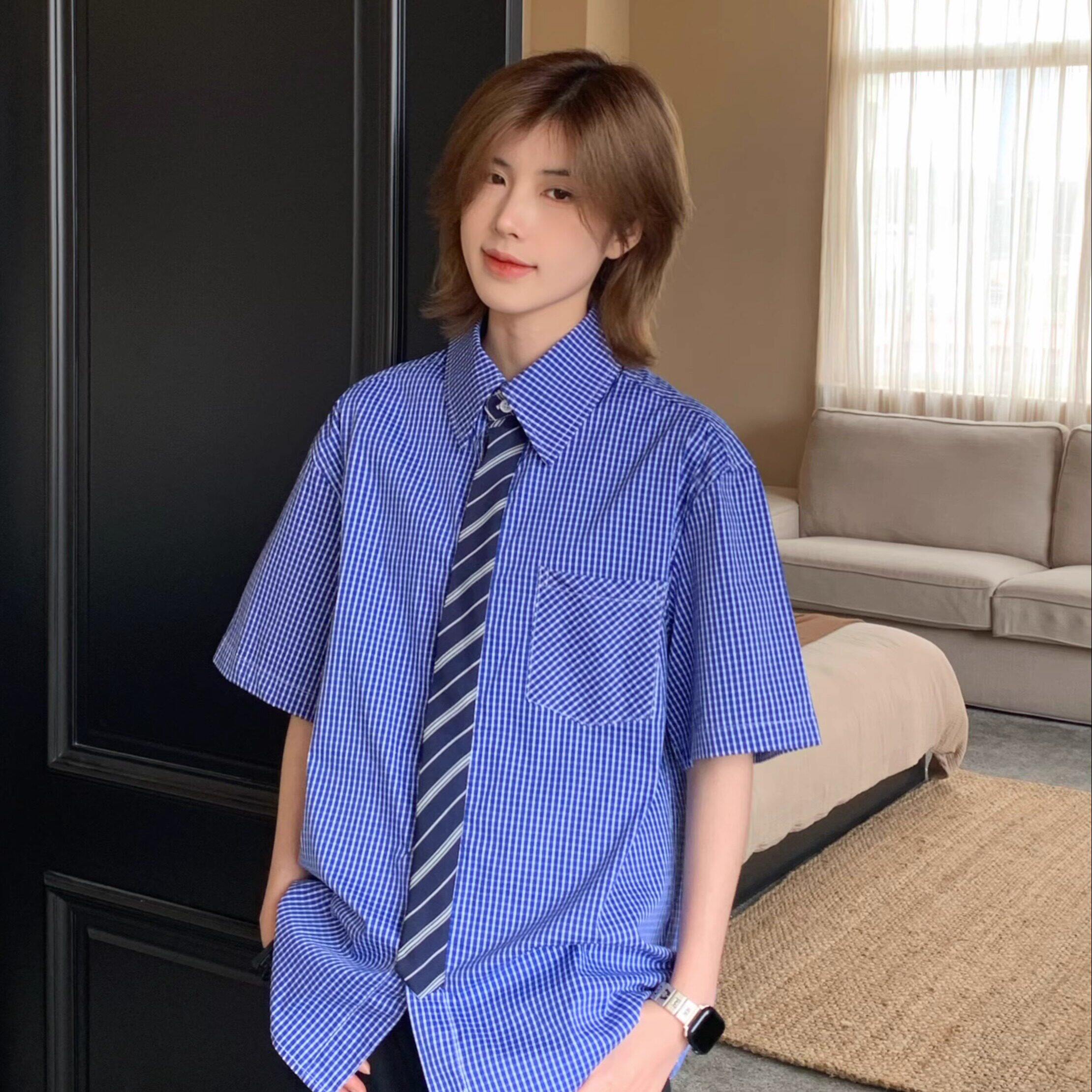 Ja1从不熬夜 美式覆古假领带高级感高智短袖衬衫男女格子衬衣