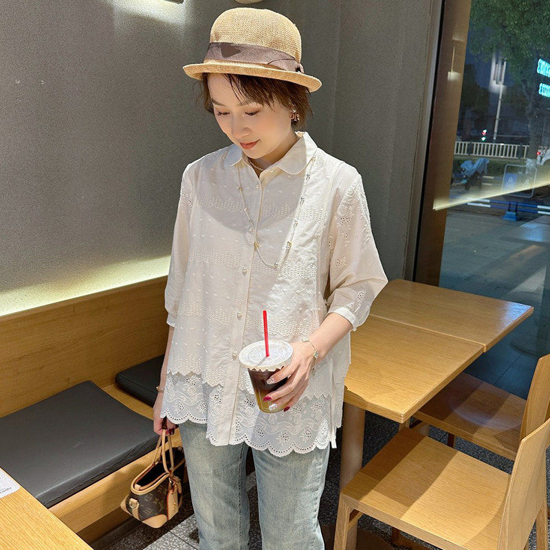 七分袖衬衫外套女夏季衬衫2025爆款气质小衫宽松假两件刺绣上衣