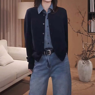 休闲风假两件衬衫女春秋季长袖藏青色拼接纽扣开衫韩版时尚上衣潮