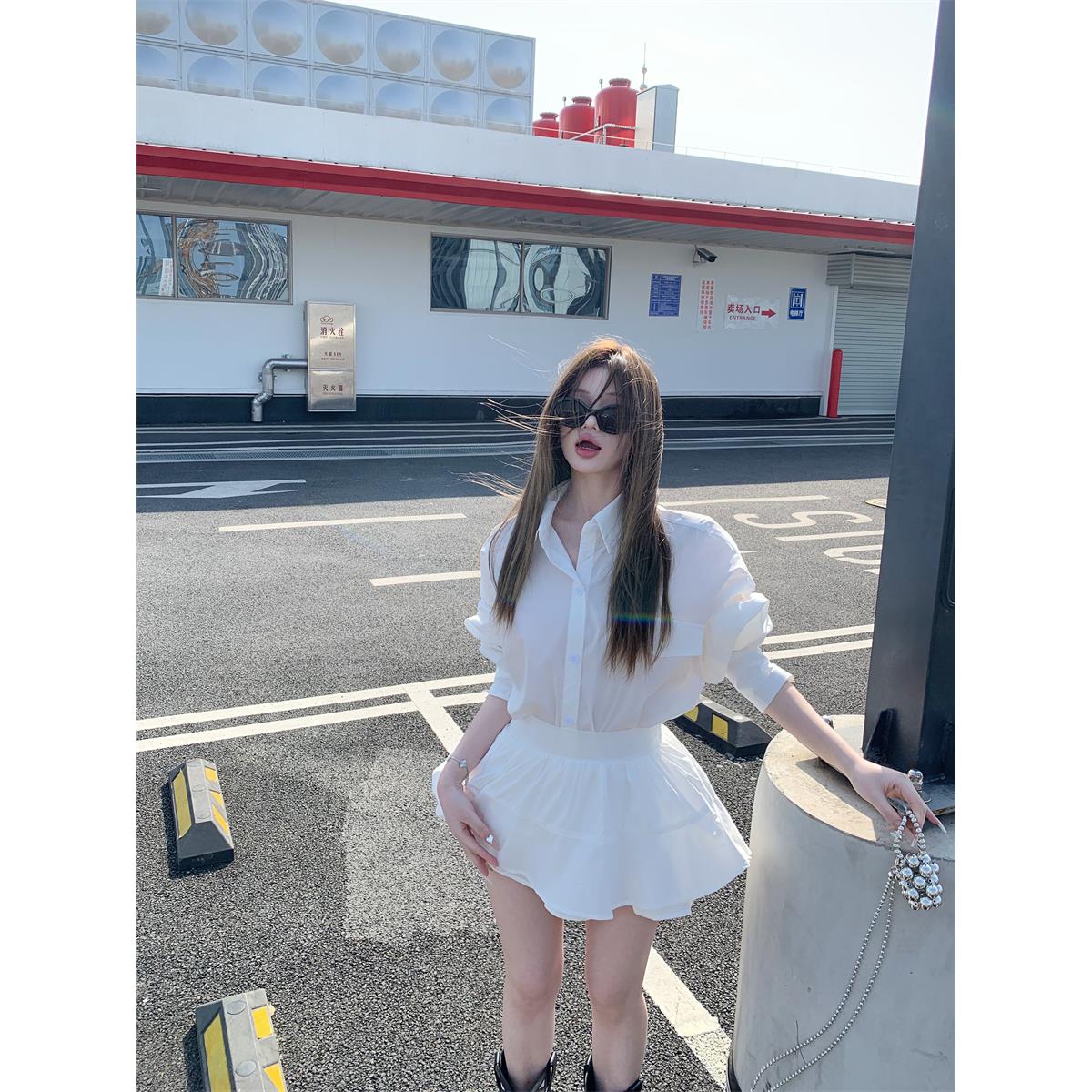 韩系穿搭套装白色polo领长袖衬衫上衣女春季高腰半身裙气质两件套