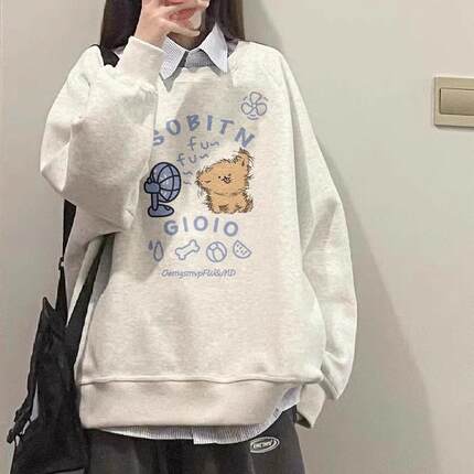 纯棉白灰色圆领卫衣女春秋薄款2025新款爆款无帽美式宽松无帽上衣