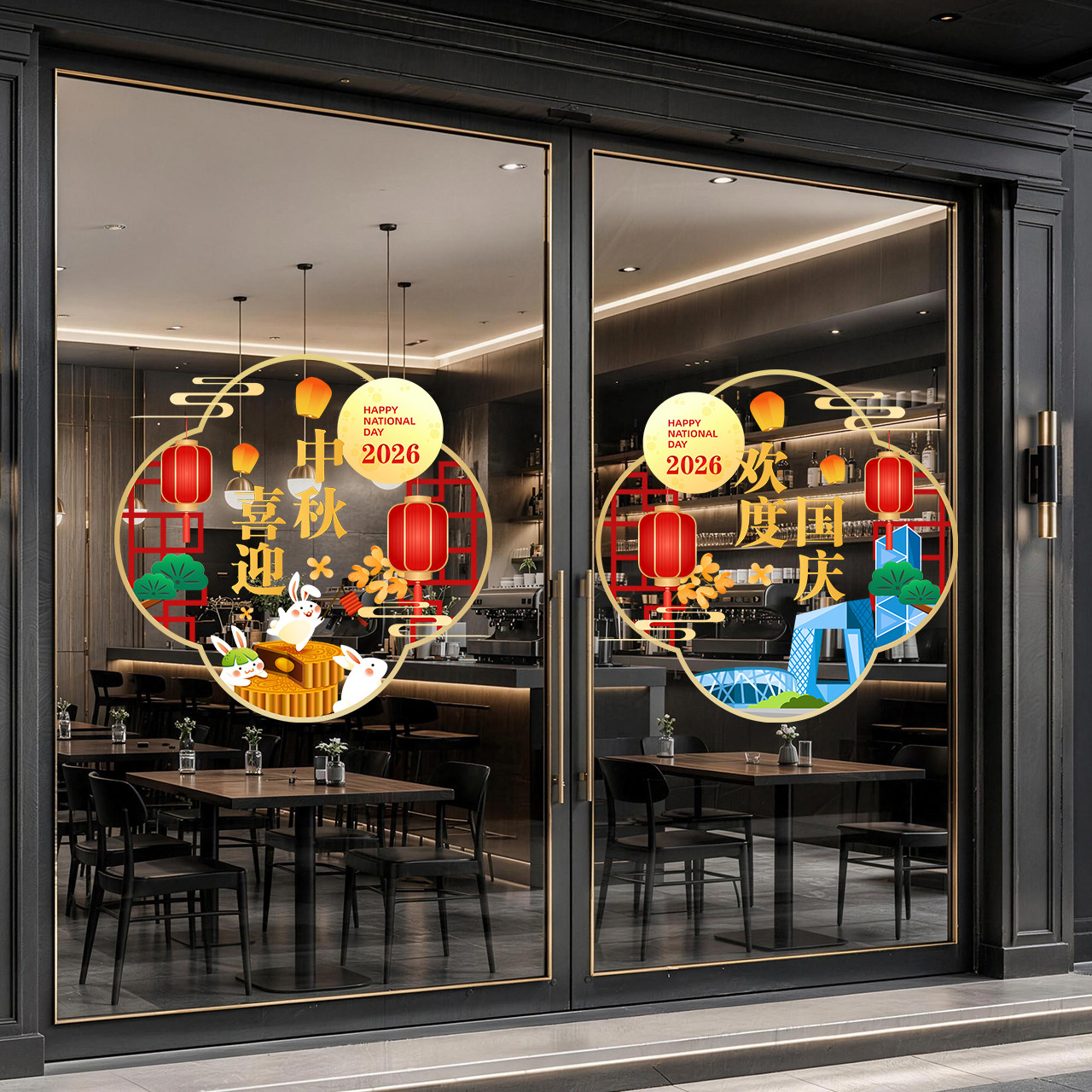 欢度中秋喜迎国庆静电贴大型商场店铺装饰橱窗创意窗花玻璃门贴纸