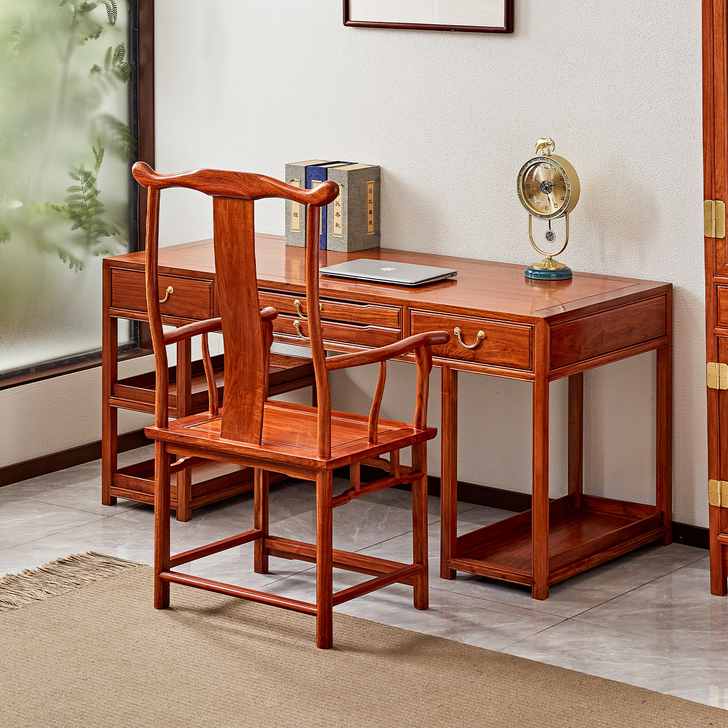 花梨木电脑桌新中式办公桌书房简约写字台刺猬紫檀书桌红木学习桌