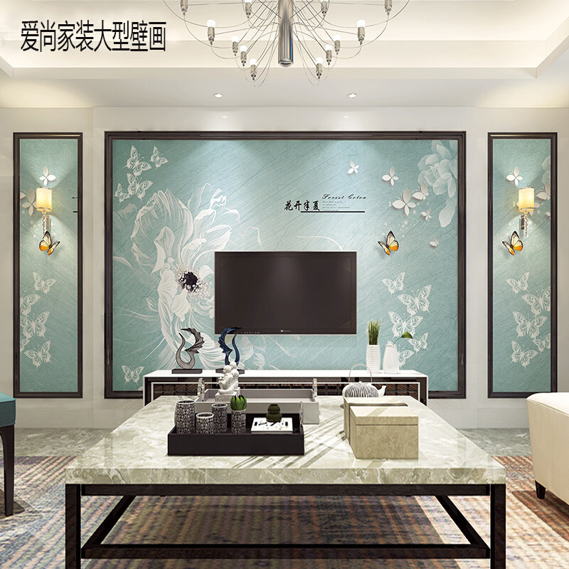 电视背景墙壁画8d立体蓝色花壁纸客厅卧室影视墙现代简约装饰墙纸