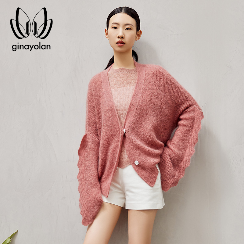 Ginayolan original light luxury 2021 new Mohair long sleeve cardigan womens loose V-neck lazy sweater