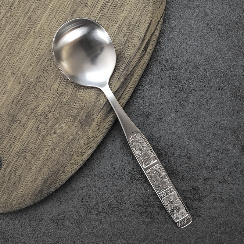 古典浮雕大圆头勺子304不锈钢