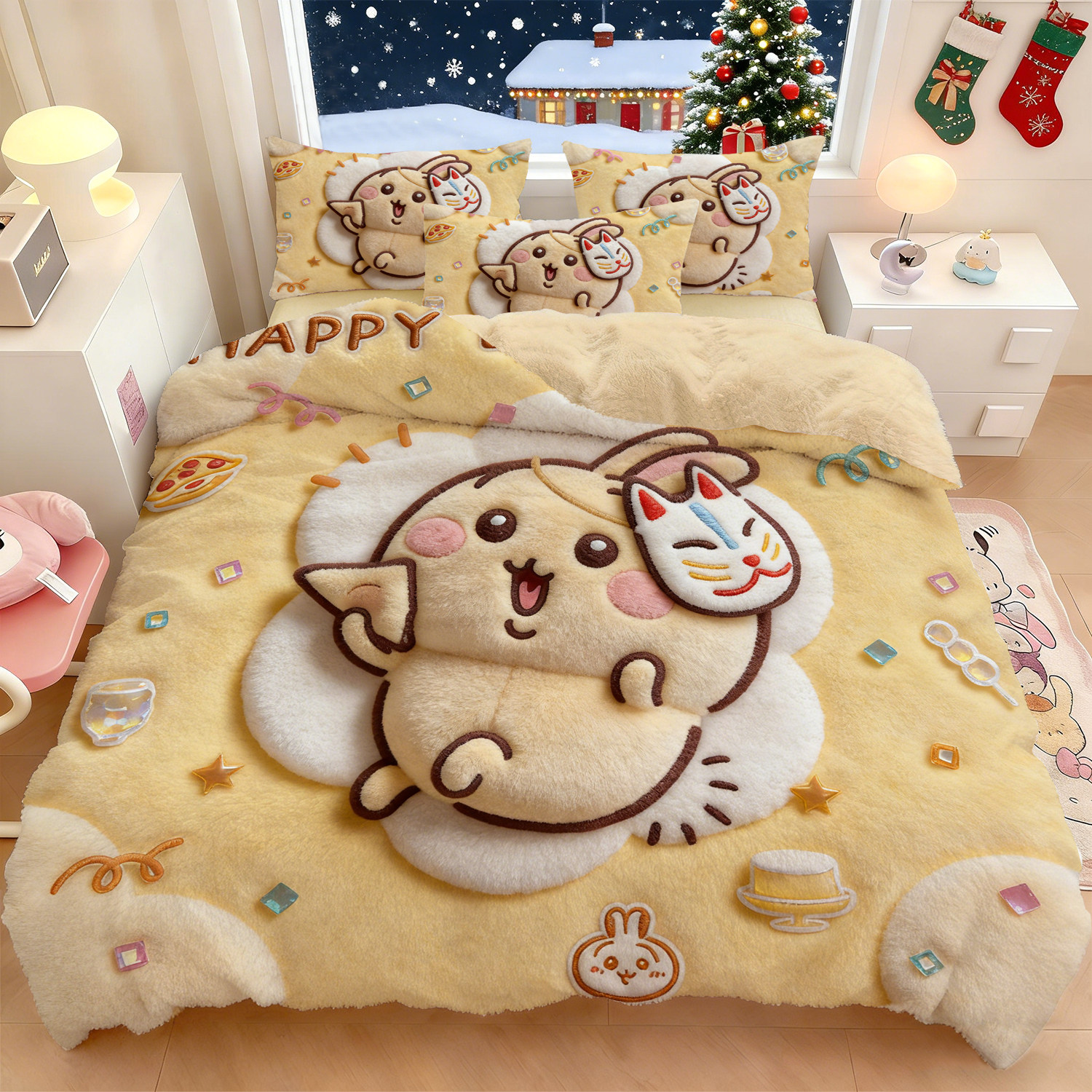 乌萨奇小八3D立体视觉冬季婴肤绒被套双面加绒床上套件加厚短毛绒