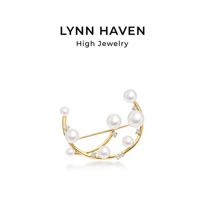LynnHaven麟玟 SKY新月 18K金Akoya海水珍珠胸针弯月钻石轻奢礼物