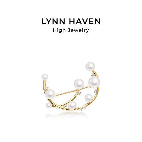 LynnHaven麟玟 SKY新月 18K金Akoya海水珍珠胸针弯月钻石轻奢礼物