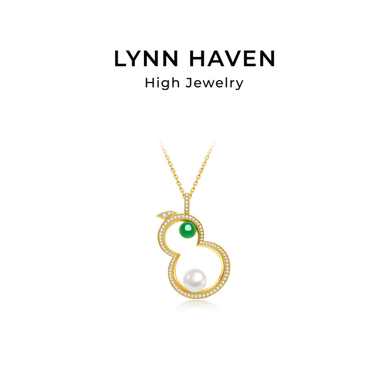 LynnHaven麟玟 EARTH葫芦 18K金Akoya海水珍珠颈链碧玉葫芦项链