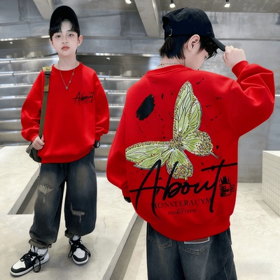 男童加绒红色卫衣秋冬款2025新款