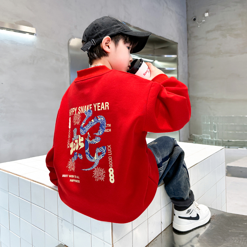 涔涔妈男童本命年红色加绒卫衣