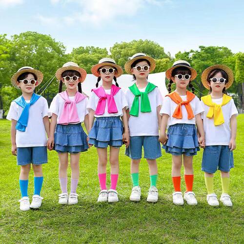 六一儿童演出服彩色披肩棉T恤牛仔短裤短裙套装幼儿园毕业拍照服