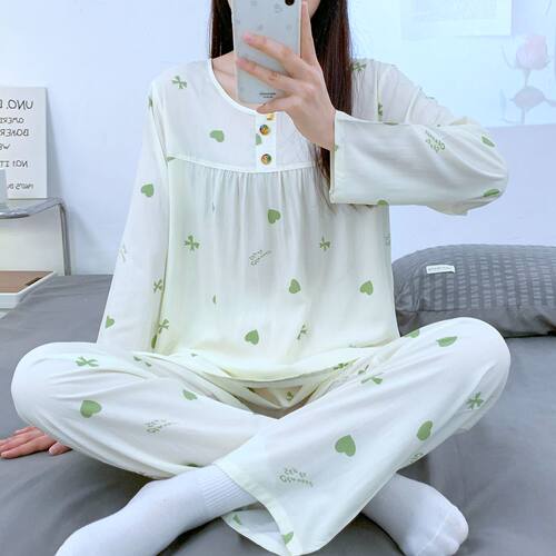 睡衣女春秋夏大码绵绸家居服可外穿人造棉空调服可爱女士棉绸套装