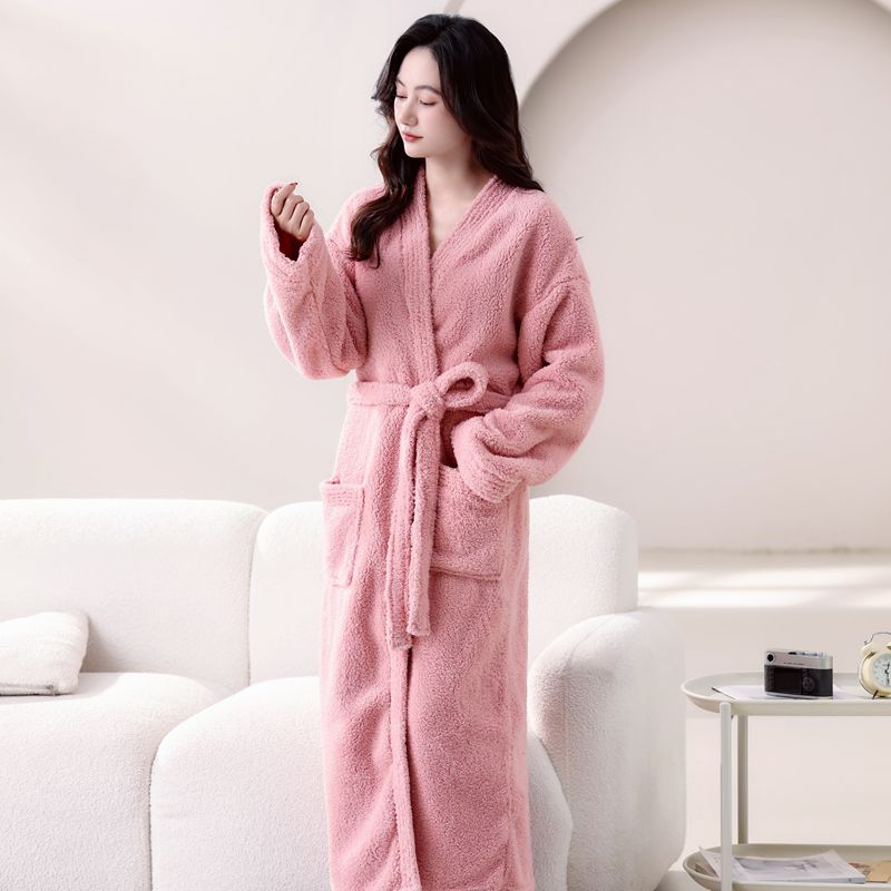新款睡袍女秋冬季珊瑚绒男士浴袍情侣睡衣套装加长款浴衣加厚冬天