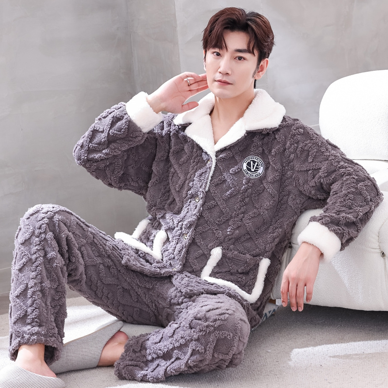 秋冬季珊瑚绒睡衣加厚保暖男加绒
