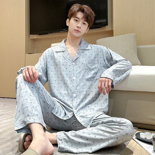 睡衣男士长袖棉绸春秋夏薄款人造棉套装中年年爸爸大码绵绸家居服