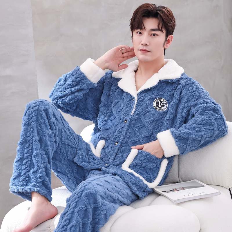 男士珊瑚绒睡衣黛岚加绒保暖青年
