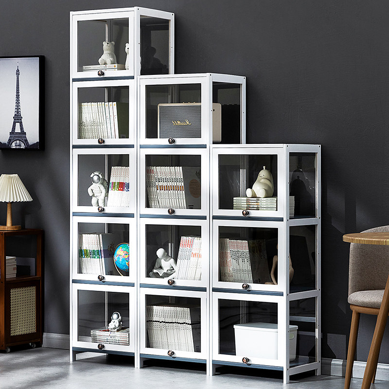书柜现代简约带门防尘格子柜实木书架窄柜置物组合立柜落地储物柜