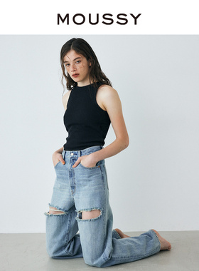 MOUSSY 冬季新品宽松直筒高腰破洞休闲牛仔裤女010GAK11-5130