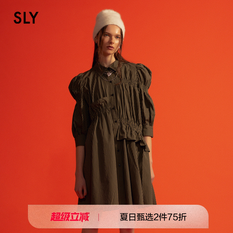 SLY 2023冬季新品甜美日系通勤风格纹衬衫连衣裙女030GA