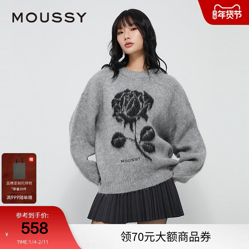 moussy 冬季复古提花玫瑰图圆领针织衫毛衣028HAZ70-