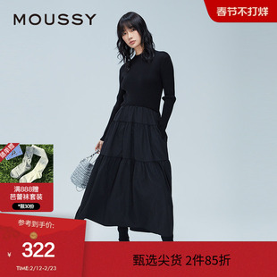 moussy 冬季芭蕾风半高领拼接针织连衣裙女028HAA33-3111