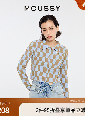 MOUSSY 复古日系棋盘格纹翻领针织开衫028HS970-0000