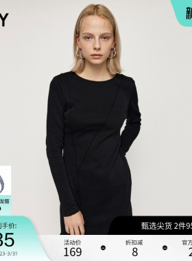 SLY奥莱 春季修身长袖竖条纹针织短款连衣裙女030FAY83-2570