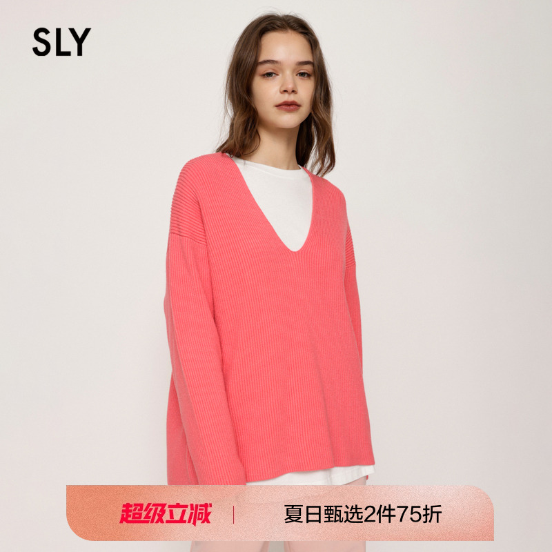SLY 2023冬季新品大V领纯色宽松落肩套头针织衫毛衣030F