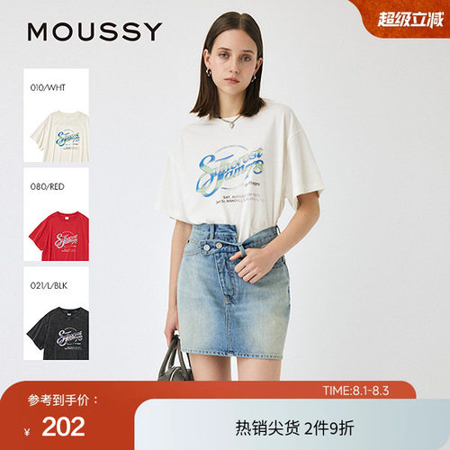 moussy夏季休闲风字母印花宽松圆领短袖T恤010IS290-9391