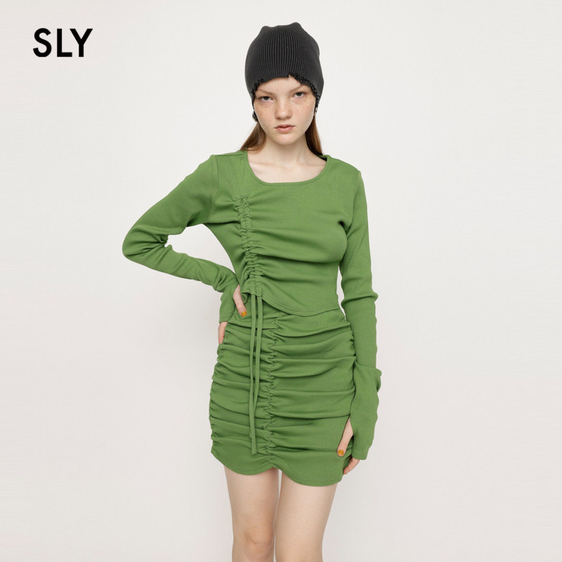 SLY 冬季新品欧美风抽褶假两件包臀针织连衣裙038GAL83-